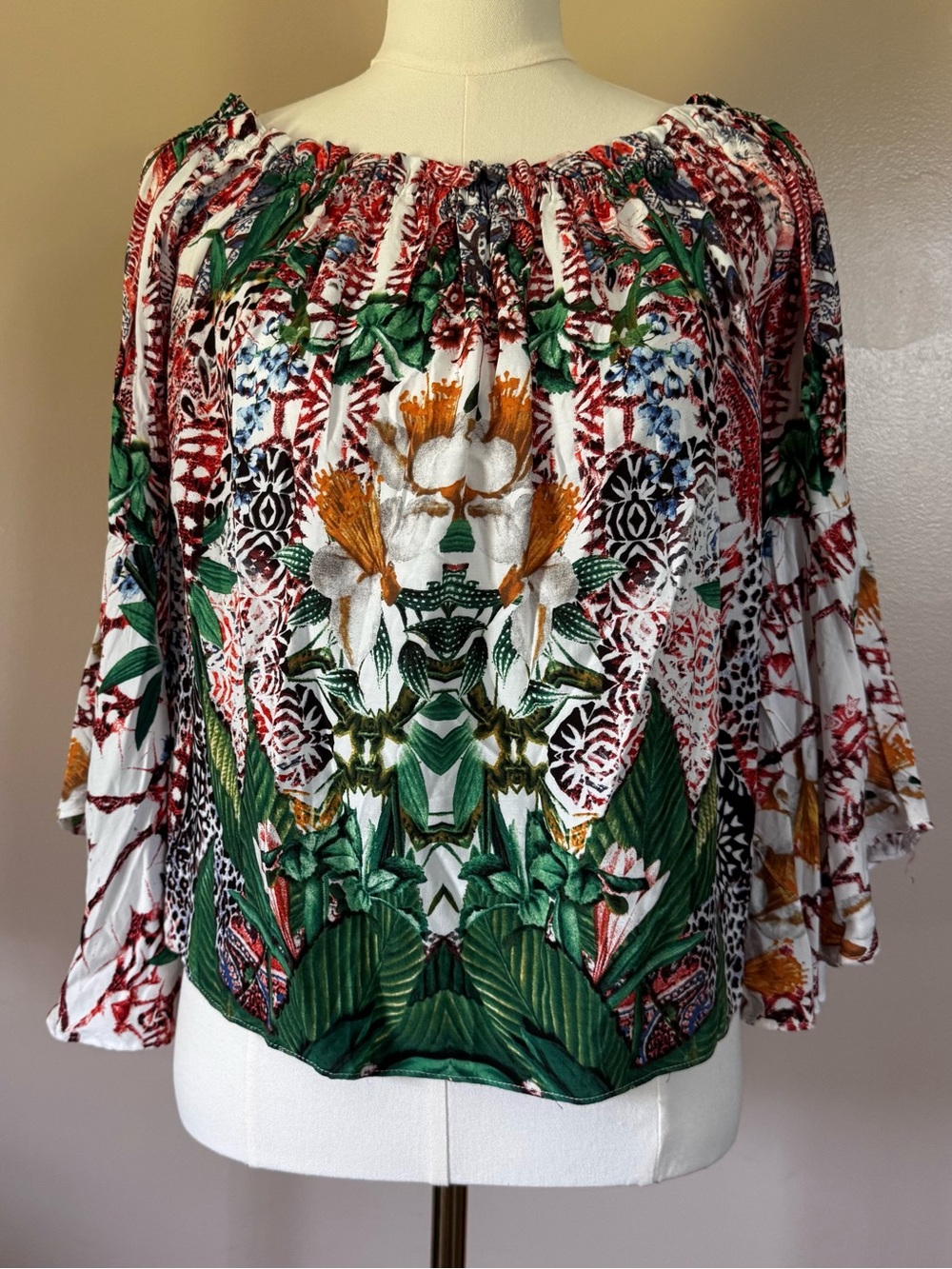 Ebby and I Green Floral Off-Shoulder Peasant Blouse Bell Sleeves Boho